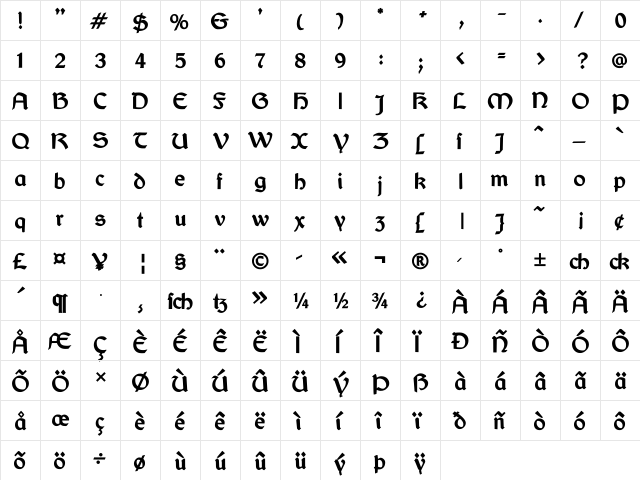 Bretagne Gaelic DemiBold  glyph index