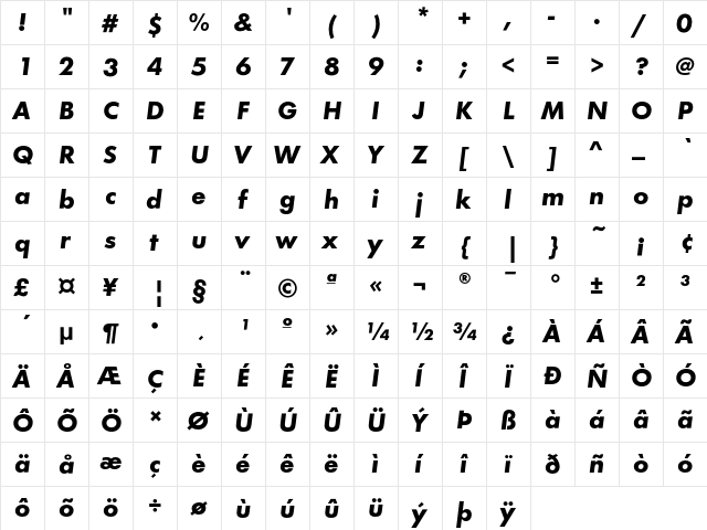 FuturaEF BoldObl  glyph index