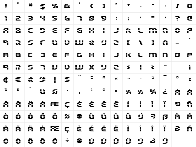 Starfighter Beta Bold Bold  glyph index