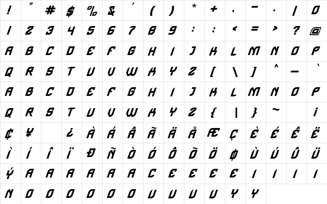 Ancent Regular  glyph index