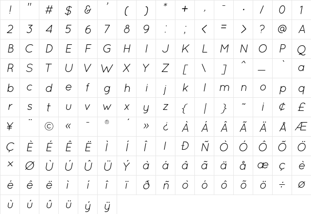 Quicksand Book Oblique  glyph index