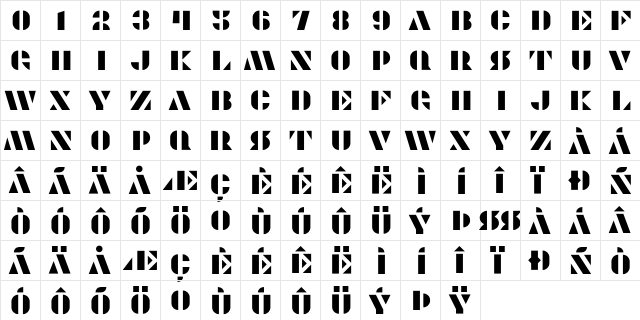 Modernia Regular  glyph index