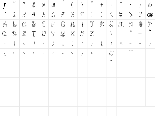 Demented Lovenote Regular  glyph index