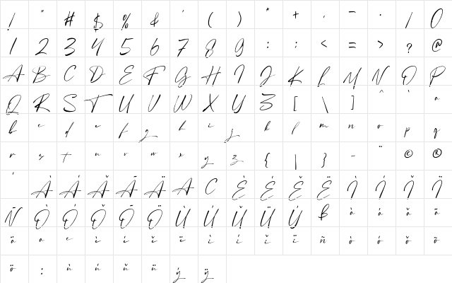 Angelinas Regular  glyph index