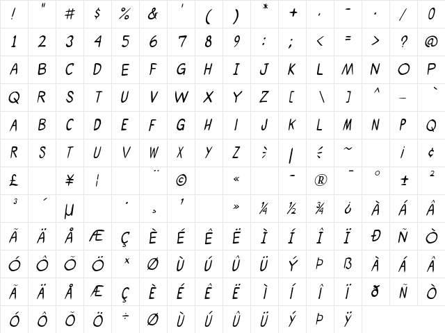 Shoujo Pop! Italic  glyph index