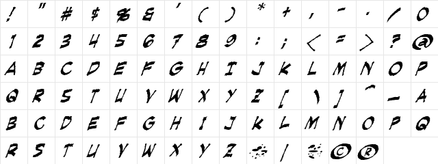 Creeping Evil Italic  glyph index