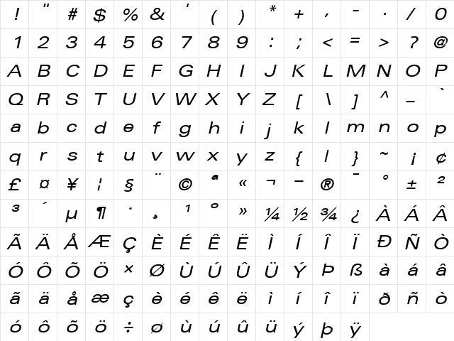 Univers53-Extended RomanItalic  glyph index