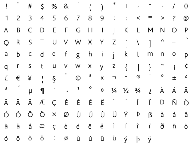 Bliss Regular  glyph index