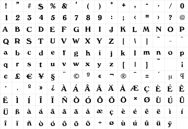 VeronaSerial Bold  glyph index