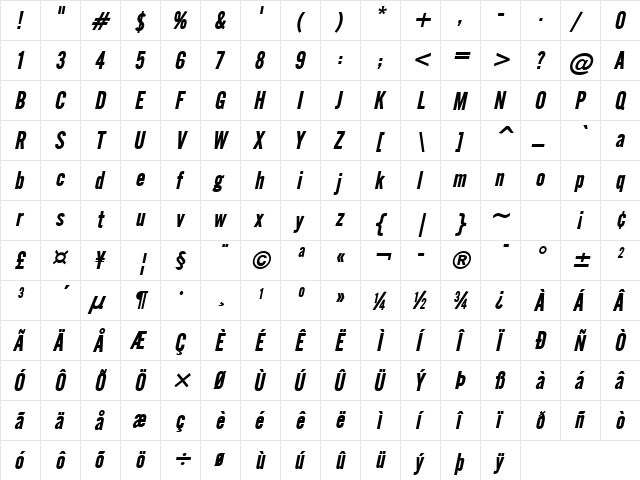 English Gothic Bold Italic  glyph index