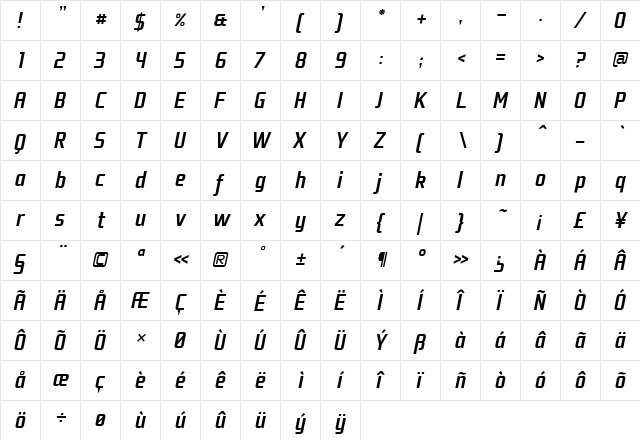 Fragma Medium Italic  glyph index