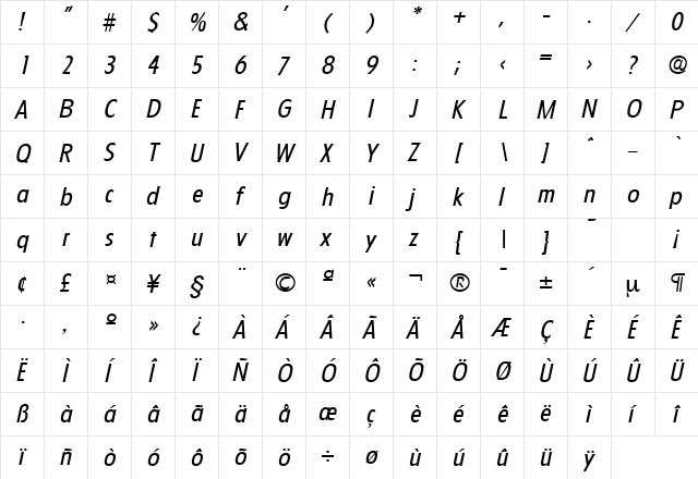 Florida-Serial RegularItalic  glyph index