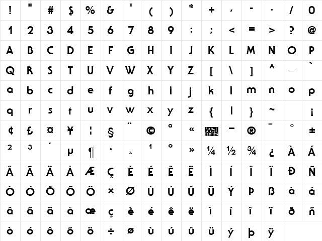 Staid Gothic ExtraBold Regular  glyph index