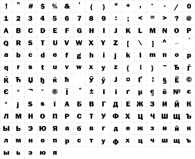 FranklinGothHeavyCTT Regular  glyph index