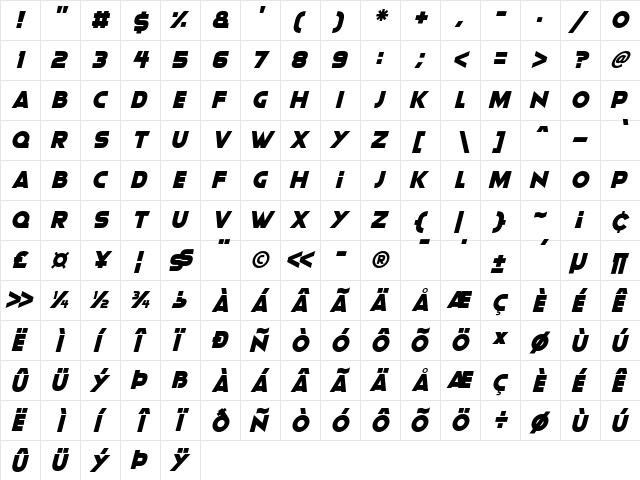 Moonlightning Italic  glyph index