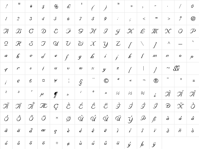 Unicorn Script SSi Regular  glyph index