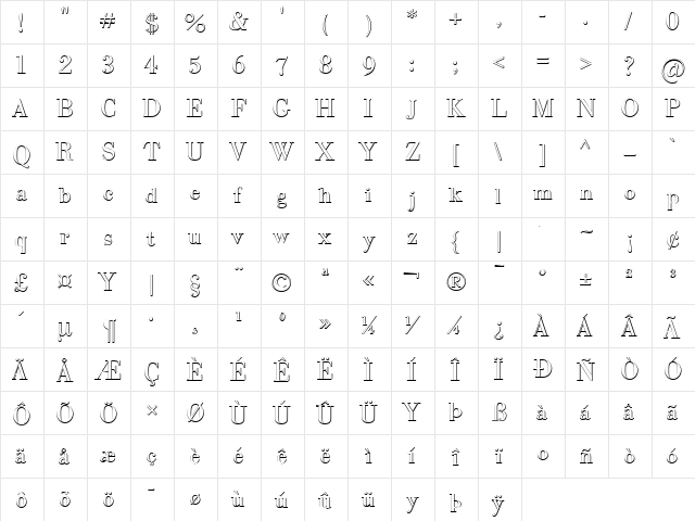 IntellectaBodoned Beveled Regular  glyph index
