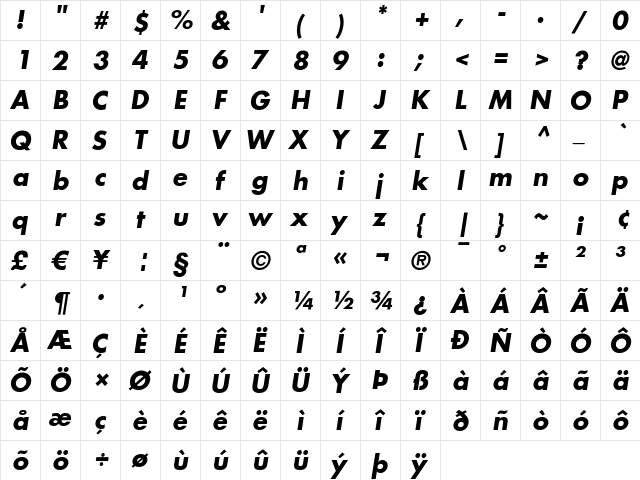 Futura LT BoldOblique  glyph index