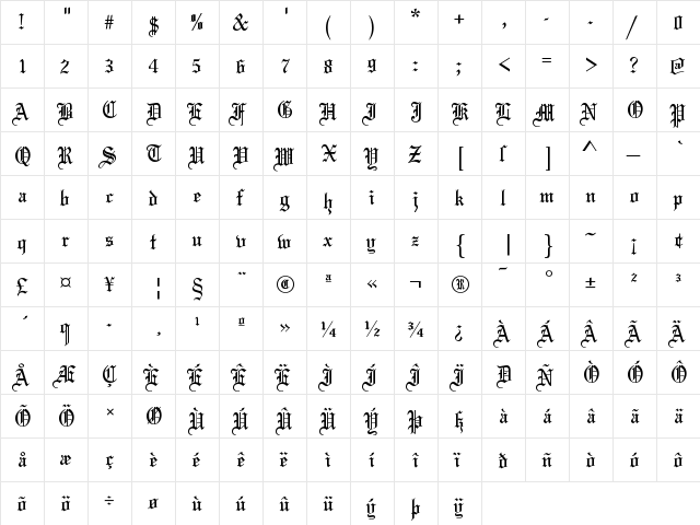 Olde English Regular  glyph index