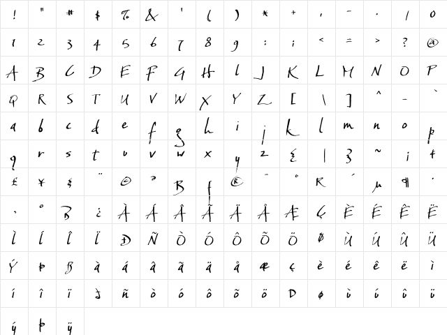 Baka Too Regular  glyph index