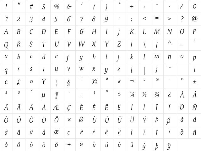 Mercurius CT Std Light Italic  glyph index