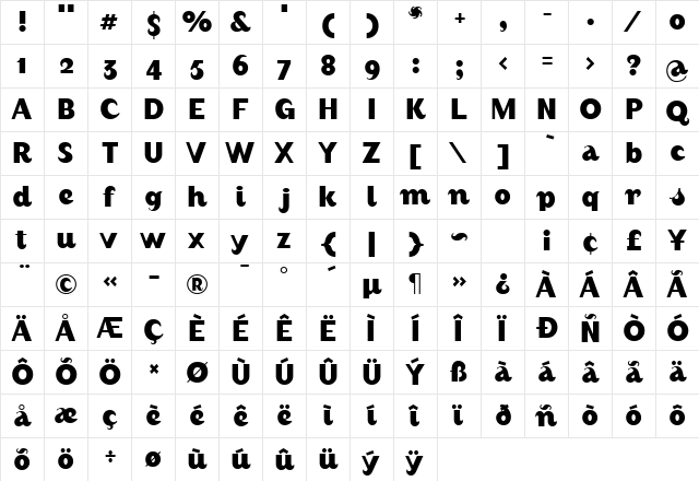 AugustBoldAlternate Regular  glyph index