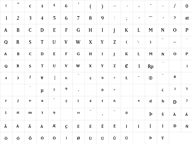 MatrixRegularSmallCaps Regular  glyph index