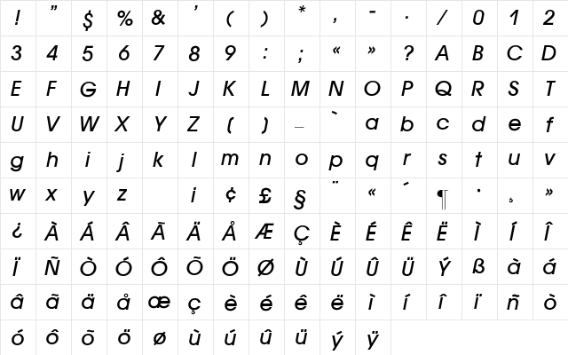 Avant_G-MediumItalic Regular  glyph index