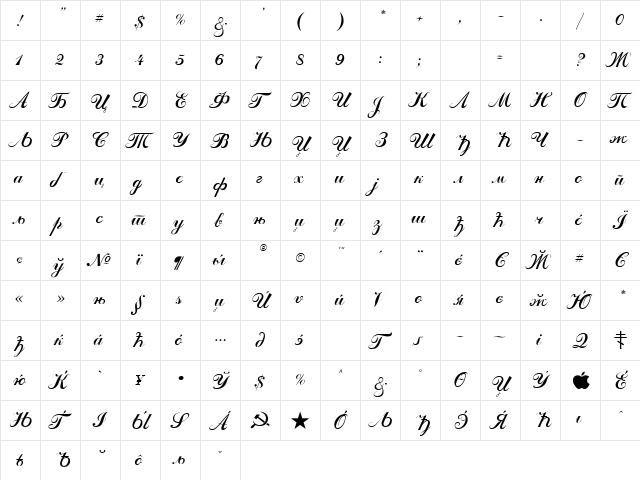 Odessa Script Regular  glyph index