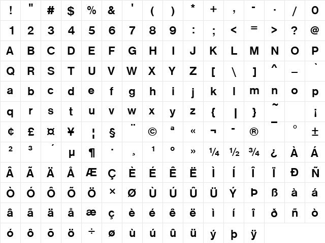 Nimbus Sans Becker D Bold  glyph index