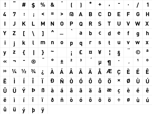 DINPro-Bold Regular  glyph index