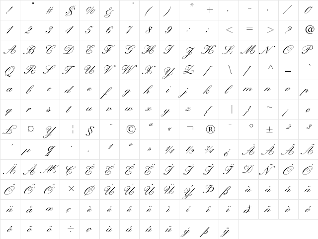 KuenstlerScript Regular  glyph index