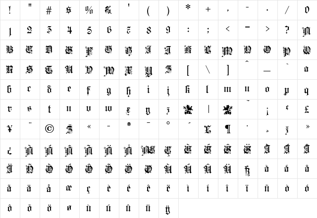 KaiserGothic Regular  glyph index