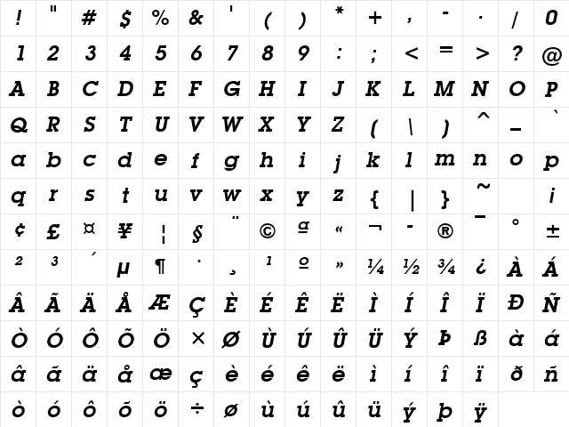 Mason Bold Italic  glyph index