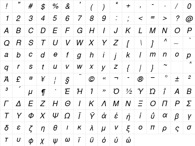 NimbusSanLGR Italic  glyph index