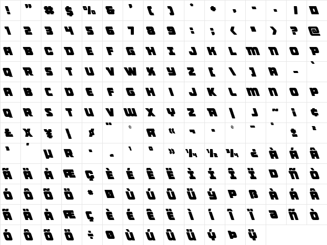 Victory Comics Leftalic Italic  glyph index