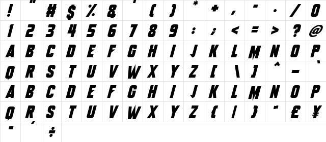 Monster Mech Italic  glyph index
