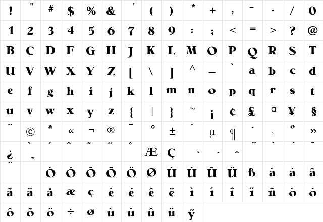 BelliniBold Regular  glyph index