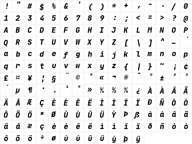 JetBrains Mono ExtraBold Italic  glyph index
