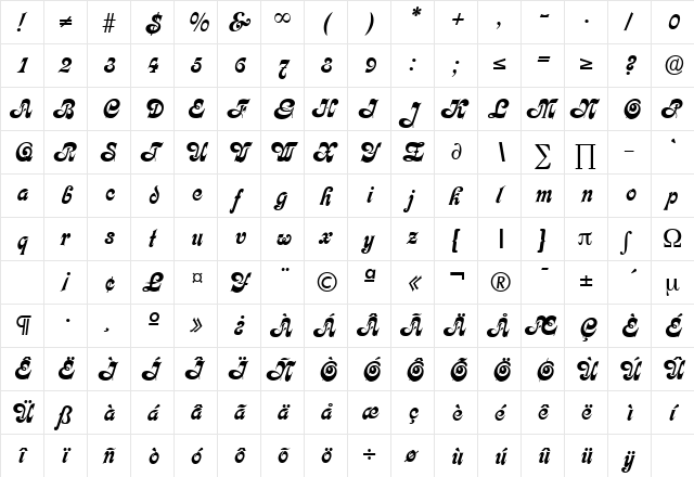 Calligraphia Medium  glyph index