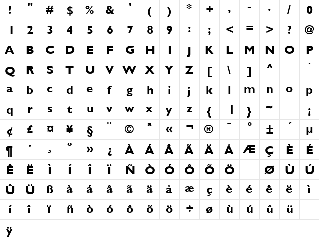 Gentle Bold  glyph index
