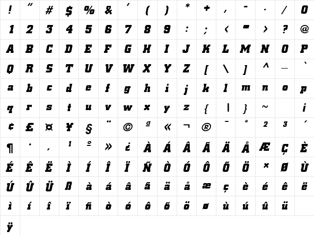 City Bold Italic  glyph index