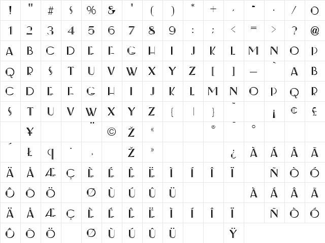 Beverly Hills Regular  glyph index