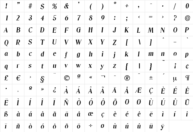 ThomasBecker Bold Italic  glyph index