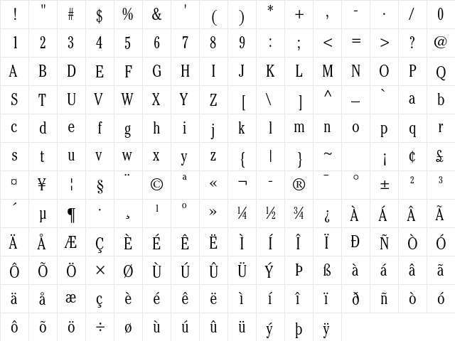 ITC Cheltenham Std Light Condensed  glyph index