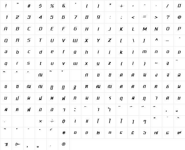PSL-Advert Italic  glyph index
