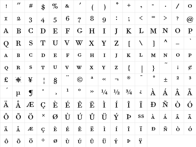 BodoniSixEF BookSC  glyph index