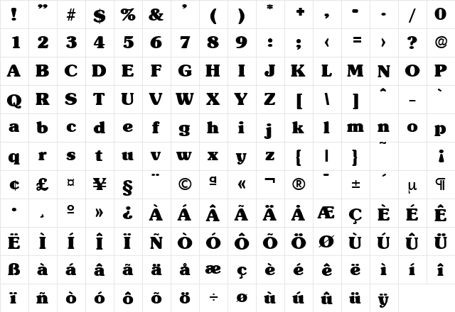 Sunset-Serial-Heavy Regular  glyph index