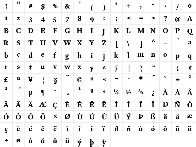 Kingfisher Heavy  glyph index