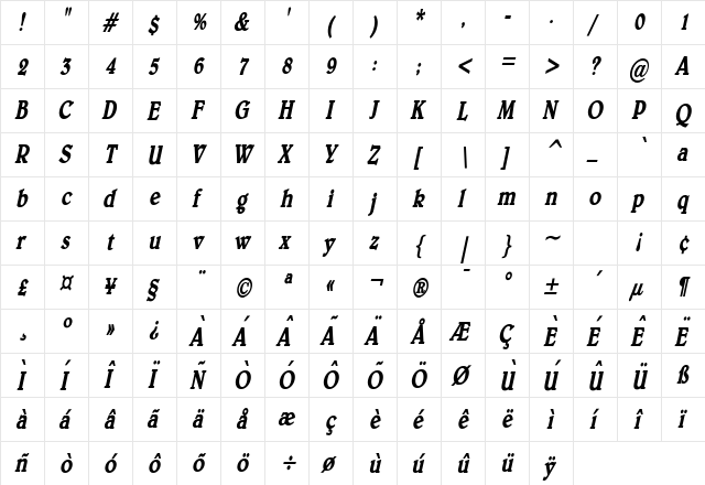 Blew Condensed Bold Italic  glyph index